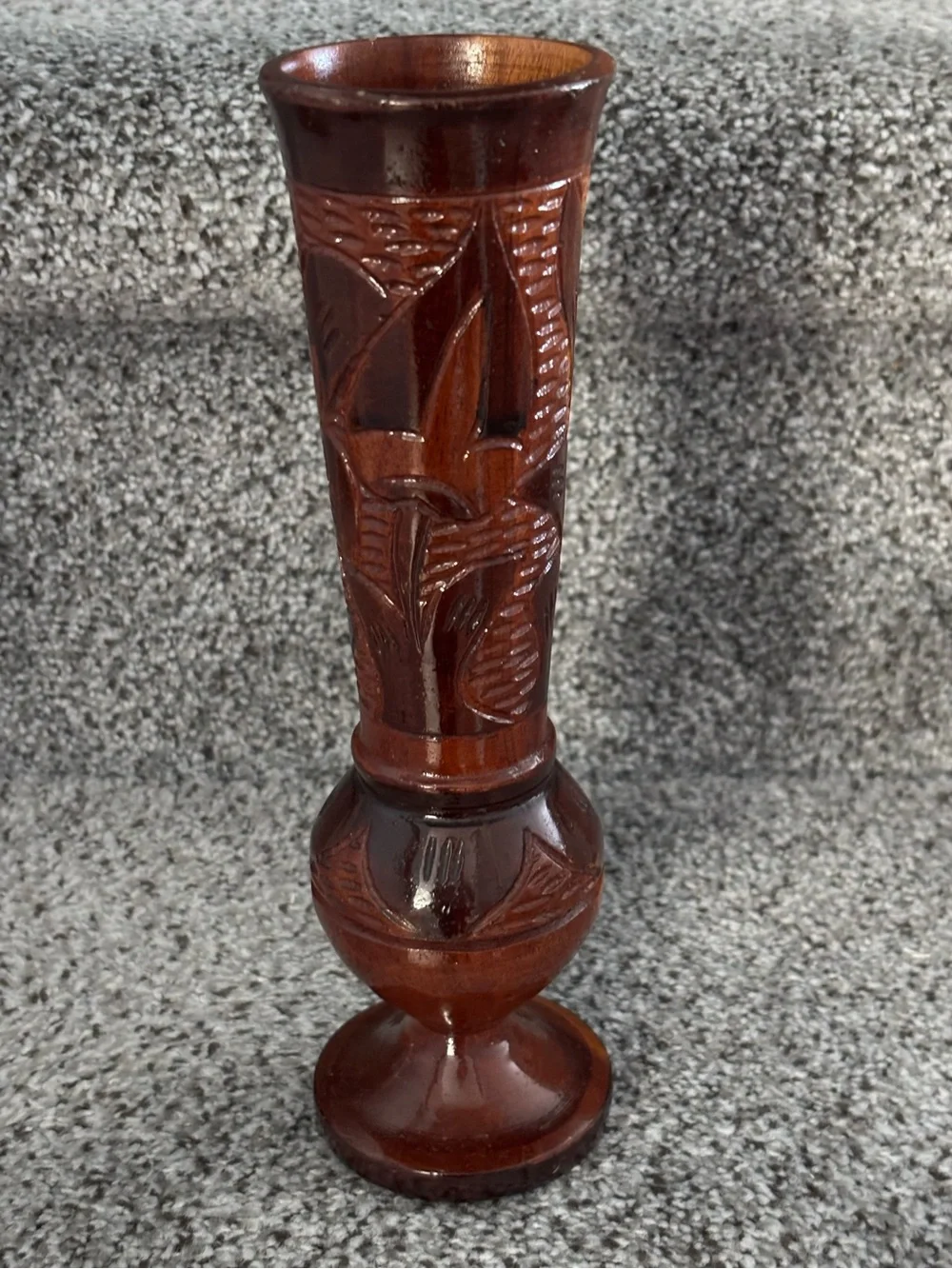 MCM Carved Wood Bud Vase, Hand Carved Floral Relief, Turned Baluster Foot